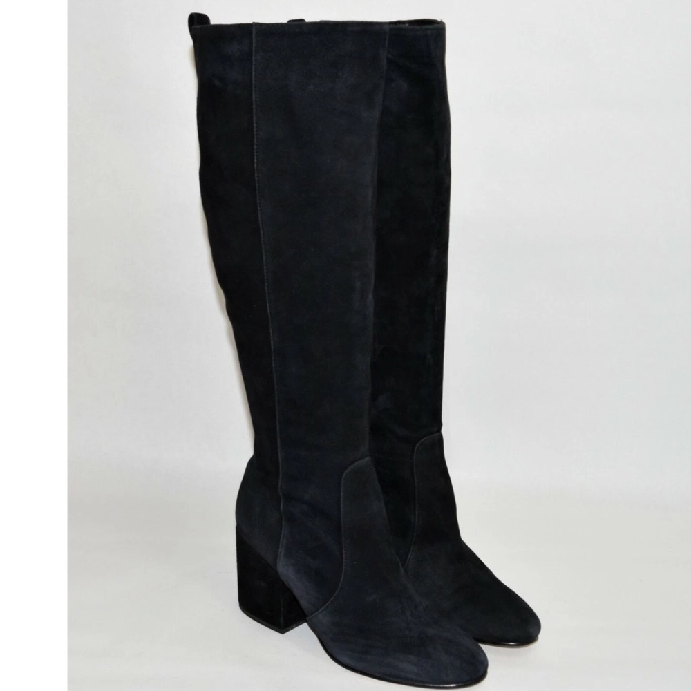 Sam Edelman Black Suede Knee High Block Heel Boots Size 8.5 Almond Toe Zip